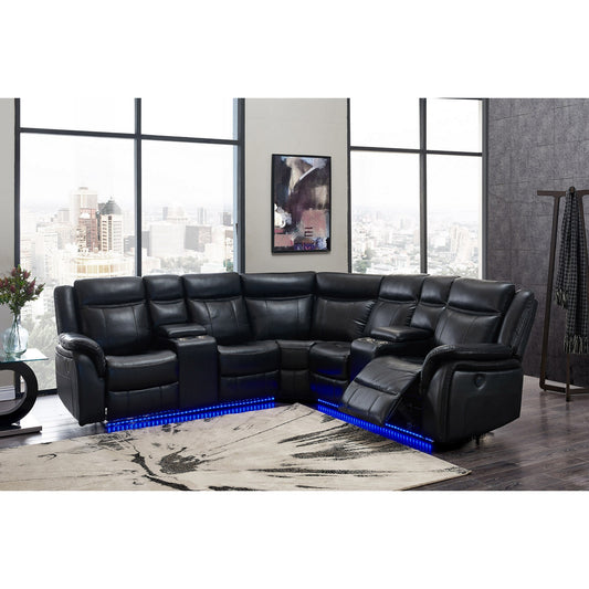 Black Polyester Blend Power Reclining L Shaped Three Piece Corner Sectional With Console