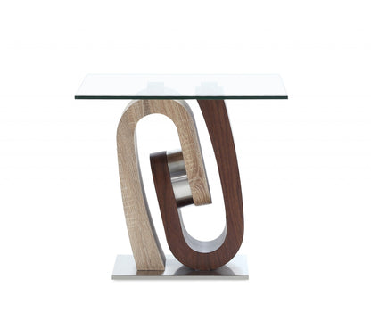 Oak And Walnut Ultra Modern End Table With Glass Top