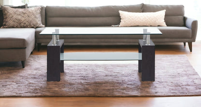 Dark Walnut Legs Coffee Table With Rectangular Clear Glass Top