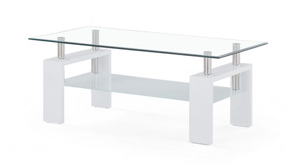 White Glossy Leg Coffee Table With Rectangular Clear Glass Top