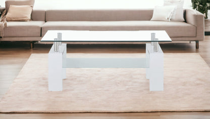 White Glossy Leg Coffee Table With Rectangular Clear Glass Top
