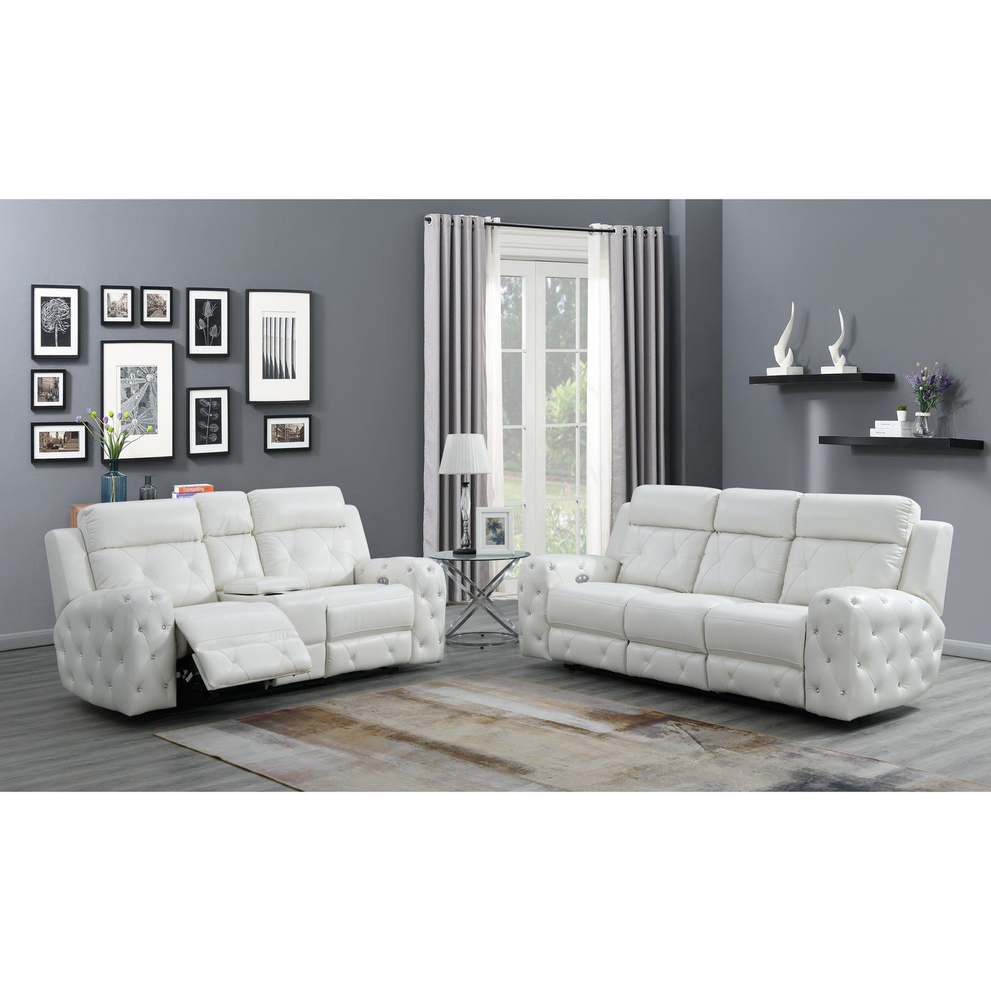 87" White Leather Match and Does Not Apply Reclining USB Sofa