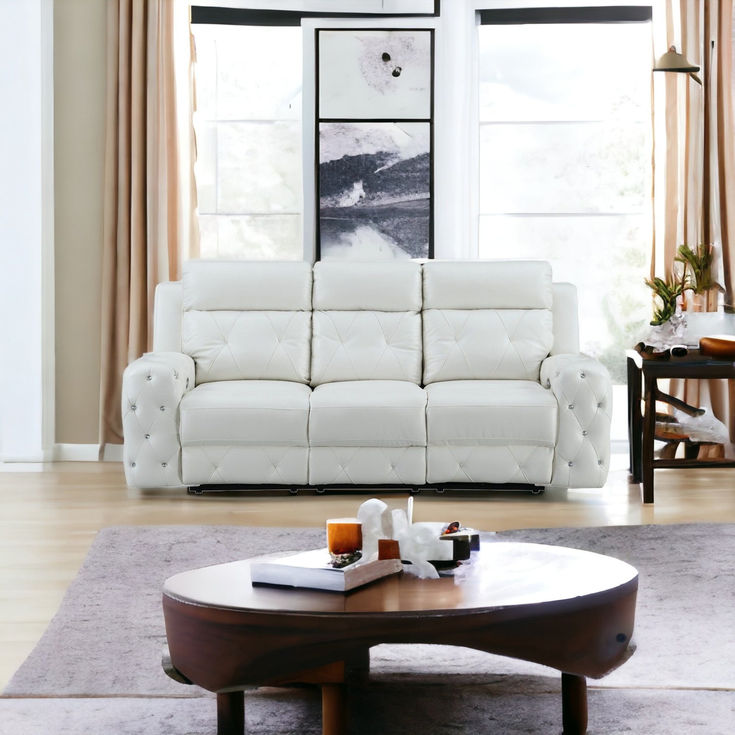 87" White Leather Match and Does Not Apply Reclining USB Sofa
