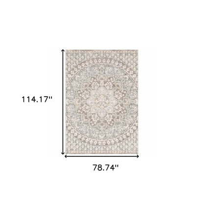 9' X 12' Ivory Grey Distresed Oversize Medallion Indoor Area Rug