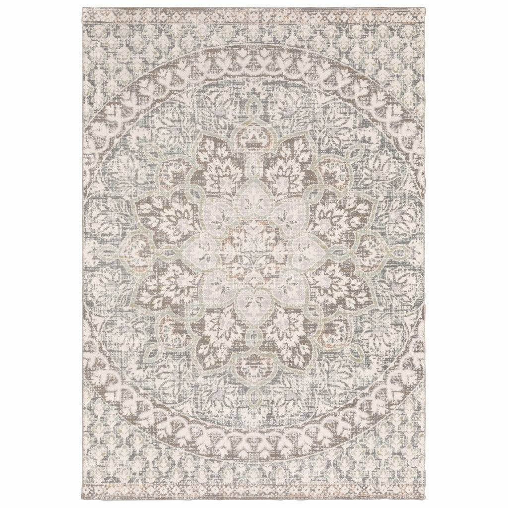 9' X 12' Ivory Grey Distresed Oversize Medallion Indoor Area Rug