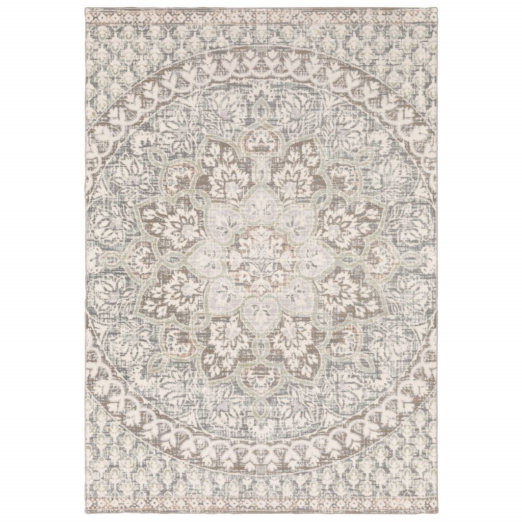9' X 12' Ivory Grey Distresed Oversize Medallion Indoor Area Rug