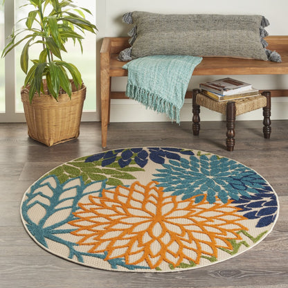 5' Round Ivory And Blue Round Floral Indoor Outdoor Area Rug