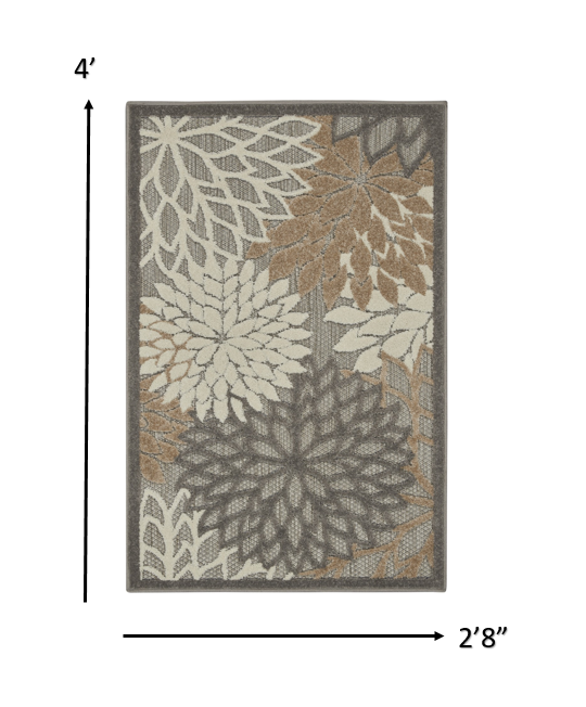 2' X 10' Gray And Ivory Floral Indoor Outdoor Area Rug