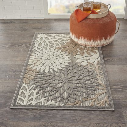 2' X 10' Gray And Ivory Floral Indoor Outdoor Area Rug