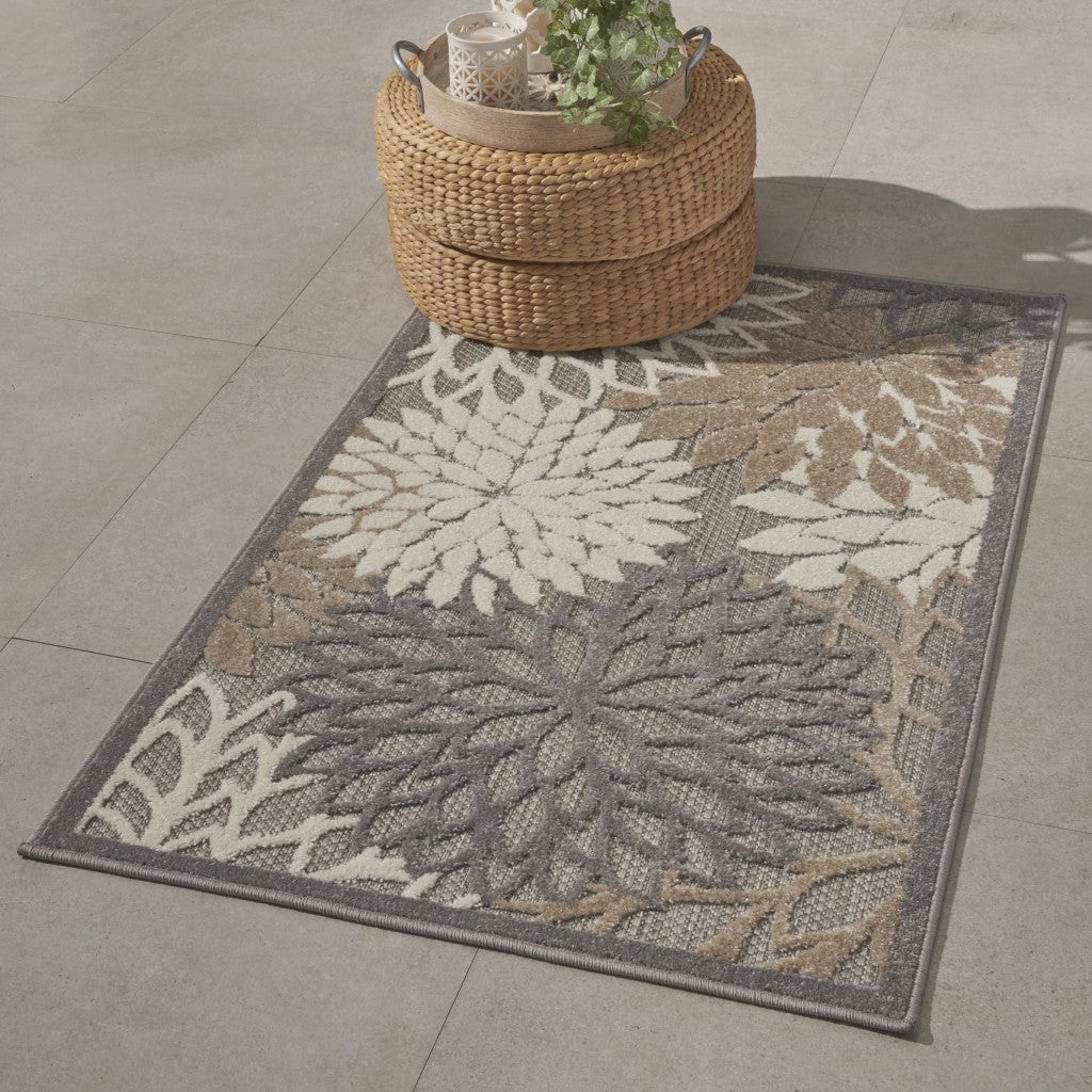 2' X 10' Gray And Ivory Floral Indoor Outdoor Area Rug