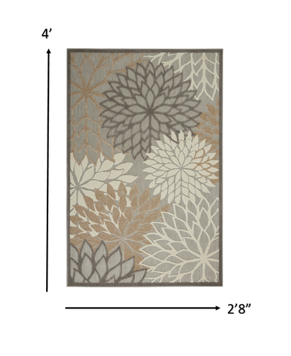 2' X 10' Gray And Ivory Floral Indoor Outdoor Area Rug