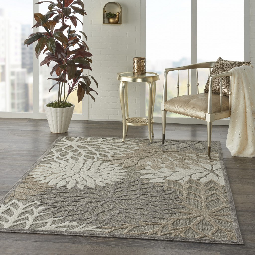 2' X 10' Gray And Ivory Floral Indoor Outdoor Area Rug