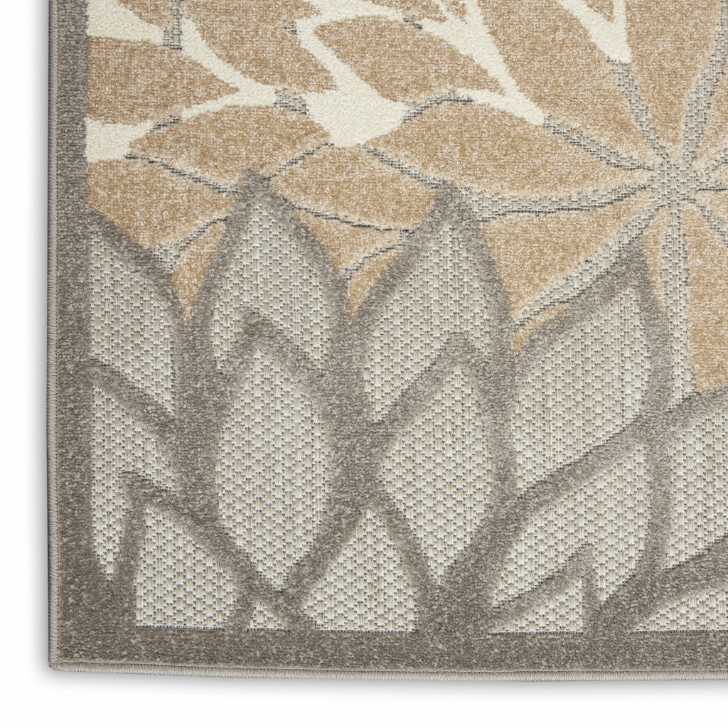 2' X 10' Gray And Ivory Floral Indoor Outdoor Area Rug