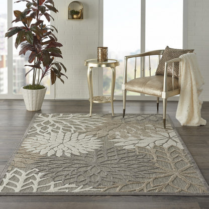 2' X 10' Gray And Ivory Floral Indoor Outdoor Area Rug