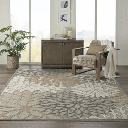 2' X 10' Gray And Ivory Floral Indoor Outdoor Area Rug