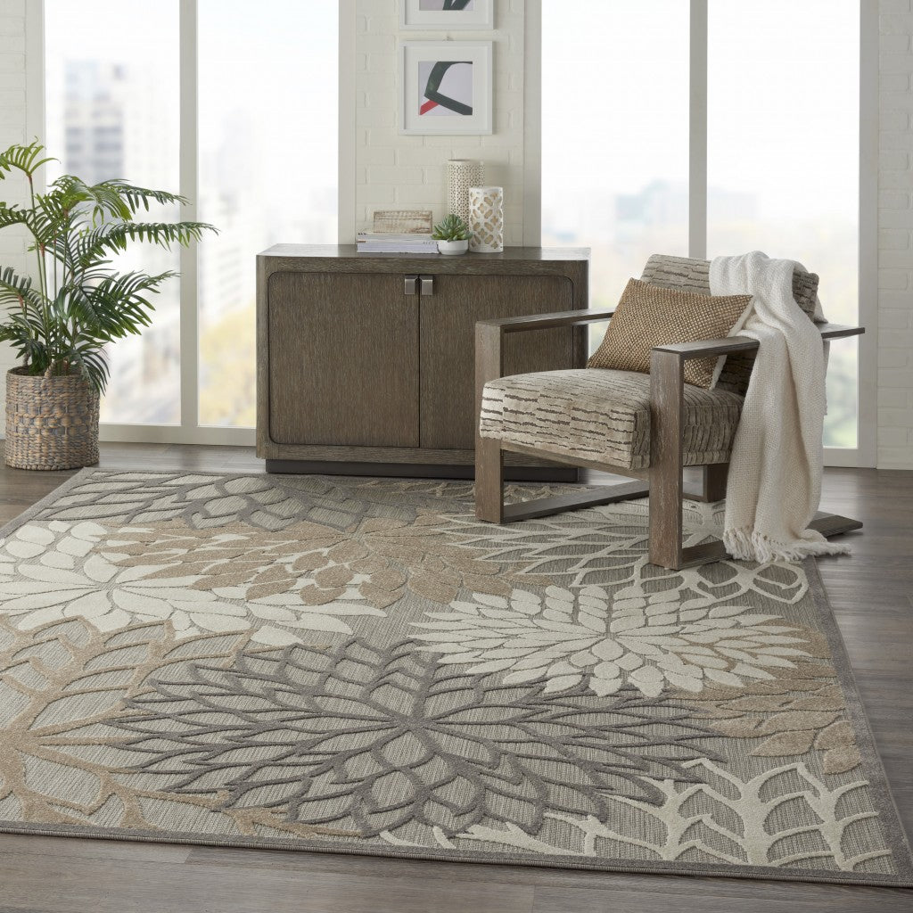 2' X 10' Gray And Ivory Floral Indoor Outdoor Area Rug