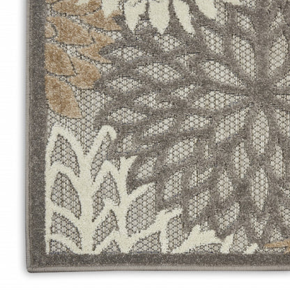 2' X 10' Gray And Ivory Floral Indoor Outdoor Area Rug