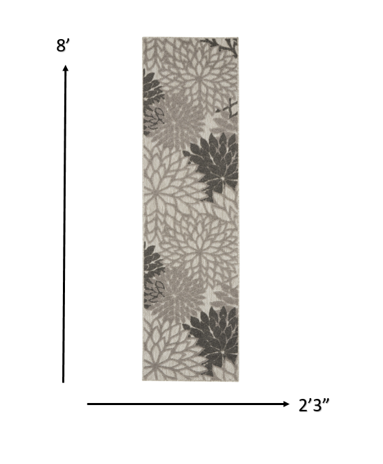 2' X 10' Gray Floral Indoor Outdoor Area Rug