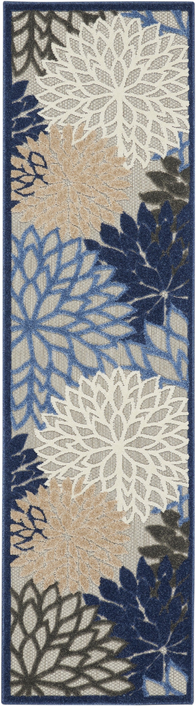 2’ x 12’ Blue Large Floral Indoor Outdoor Runner Rug