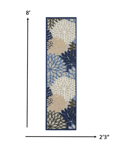 2’ x 12’ Blue Large Floral Indoor Outdoor Runner Rug