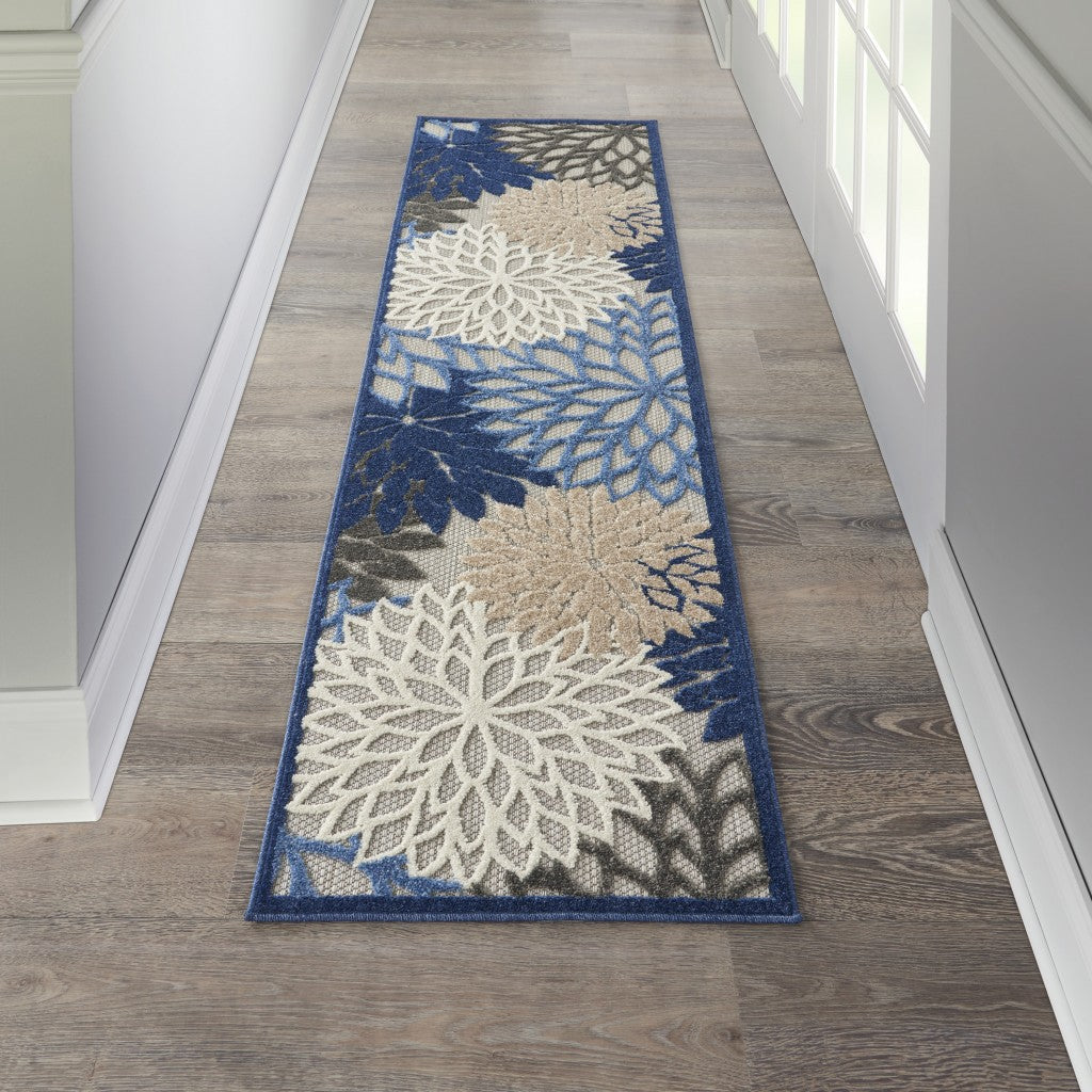 2’ x 12’ Blue Large Floral Indoor Outdoor Runner Rug