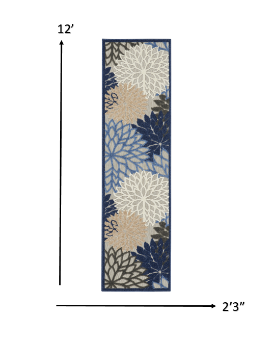2’ x 12’ Blue Large Floral Indoor Outdoor Runner Rug