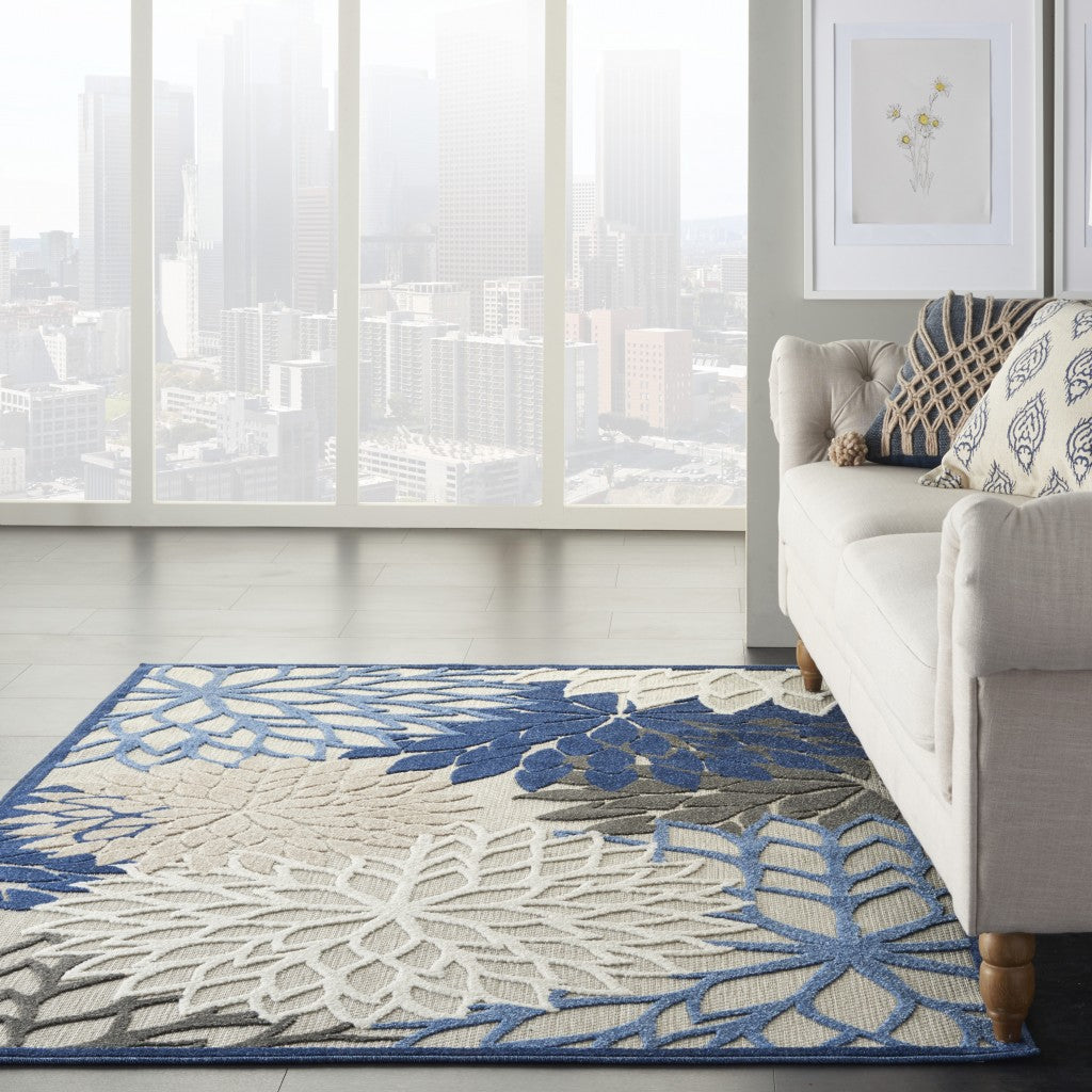 3' X 4' Blue And Gray Floral Indoor Outdoor Area Rug