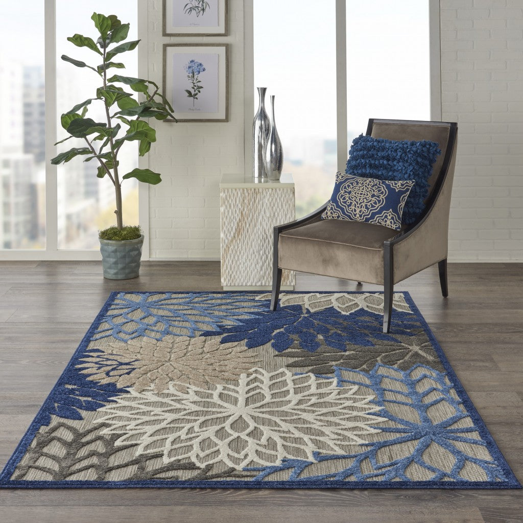 3' X 4' Blue And Gray Floral Indoor Outdoor Area Rug