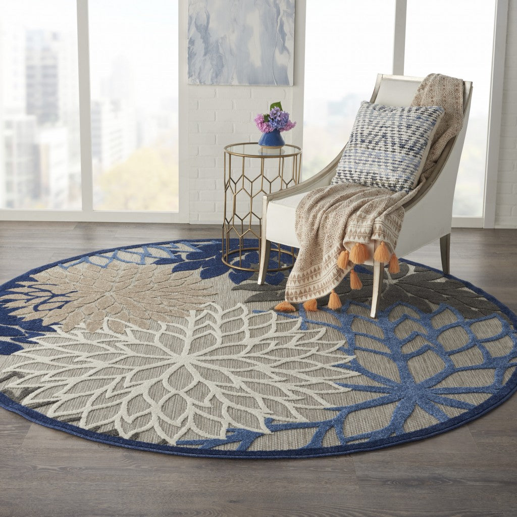 5' Round Blue And Gray Round Floral Indoor Outdoor Area Rug