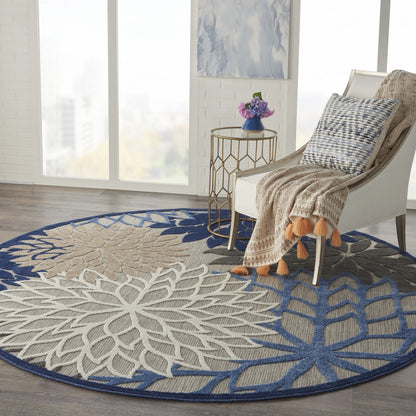 5' Round Blue And Gray Round Floral Indoor Outdoor Area Rug