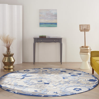 8' Round Blue And Gray Round Floral Indoor Outdoor Area Rug