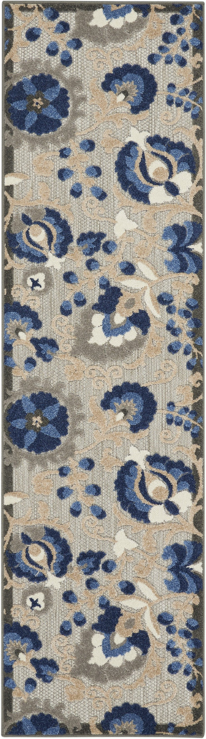 5' Round Blue And Gray Round Floral Indoor Outdoor Area Rug