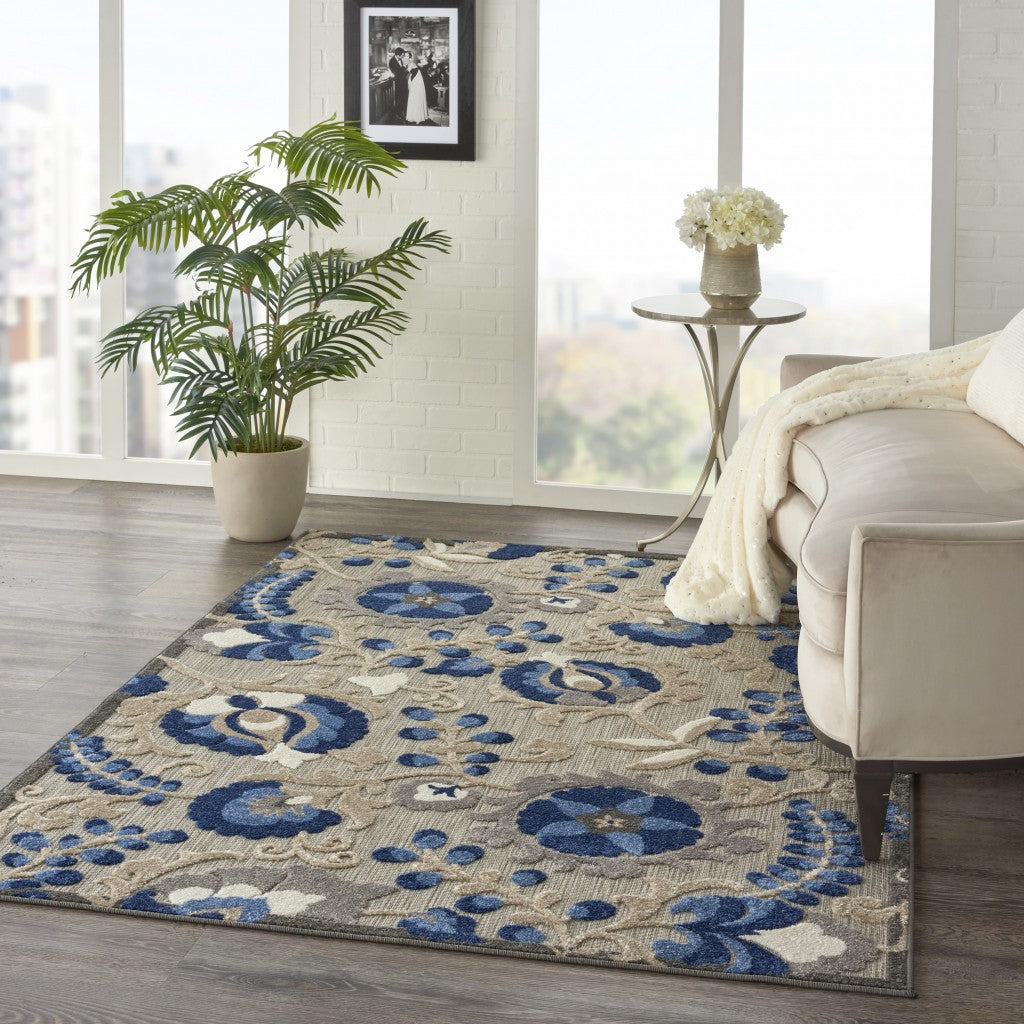 5' Round Blue And Gray Round Floral Indoor Outdoor Area Rug