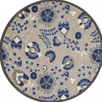 5' Round Blue And Gray Round Floral Indoor Outdoor Area Rug