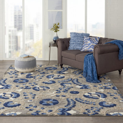 5' Round Blue And Gray Round Floral Indoor Outdoor Area Rug
