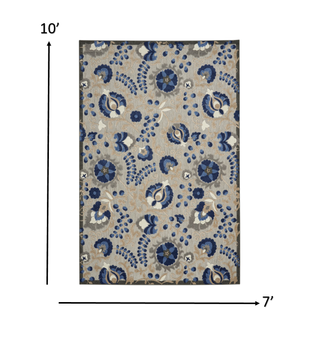 5' Round Blue And Gray Round Floral Indoor Outdoor Area Rug