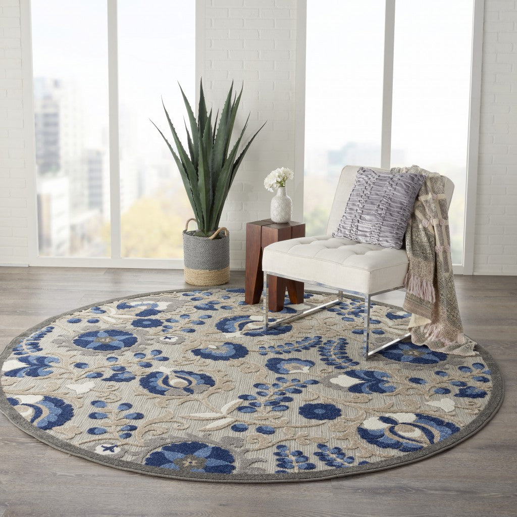 5' Round Blue And Gray Round Floral Indoor Outdoor Area Rug