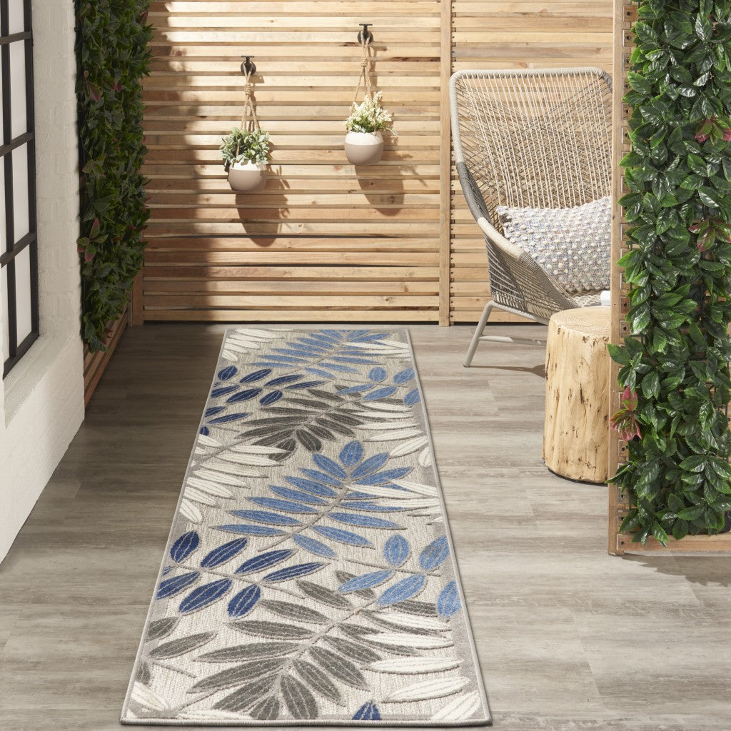 2' X 10' Grey/Blue Floral Indoor Outdoor Area Rug