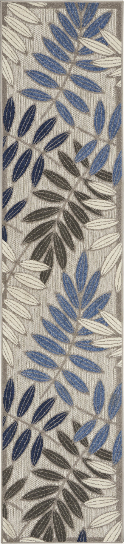 2' X 10' Grey/Blue Floral Indoor Outdoor Area Rug