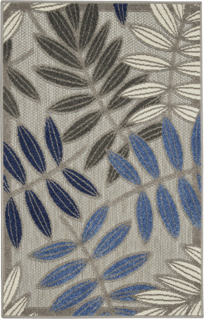 2' X 10' Grey/Blue Floral Indoor Outdoor Area Rug