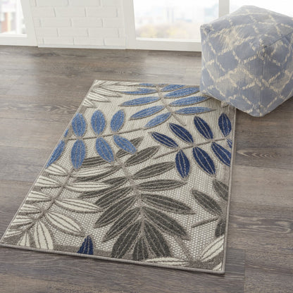 2' X 10' Grey/Blue Floral Indoor Outdoor Area Rug