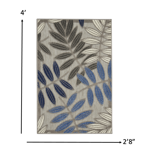 2' X 10' Grey/Blue Floral Indoor Outdoor Area Rug