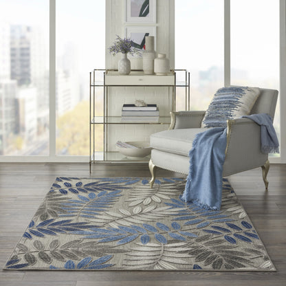 2' X 10' Grey/Blue Floral Indoor Outdoor Area Rug