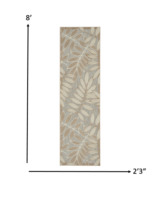 12' Runner Gray And Ivory Floral Indoor Outdoor Runner Rug