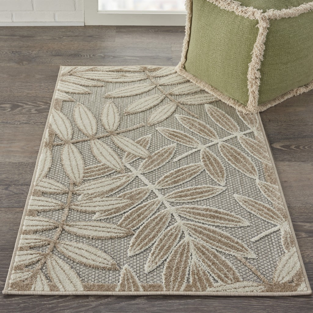 12' Runner Gray And Ivory Floral Indoor Outdoor Runner Rug