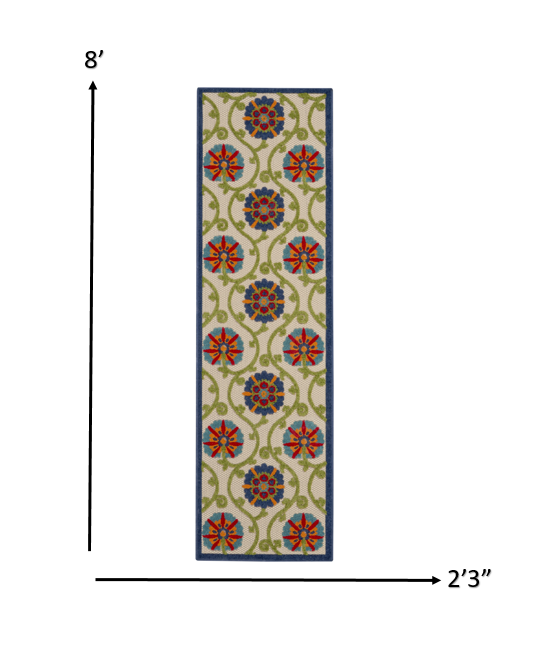 2' X 6' Ivory And Blue Floral Indoor Outdoor Area Rug