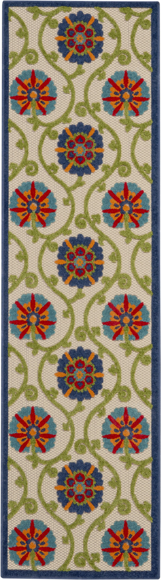2' X 6' Ivory And Blue Floral Indoor Outdoor Area Rug