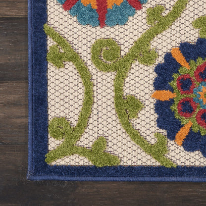 2' X 6' Ivory And Blue Floral Indoor Outdoor Area Rug