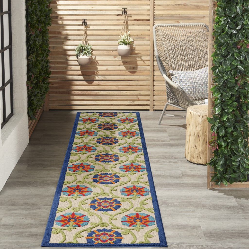 2' X 6' Ivory And Blue Floral Indoor Outdoor Area Rug