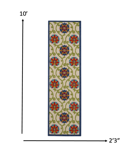 2' X 6' Ivory And Blue Floral Indoor Outdoor Area Rug